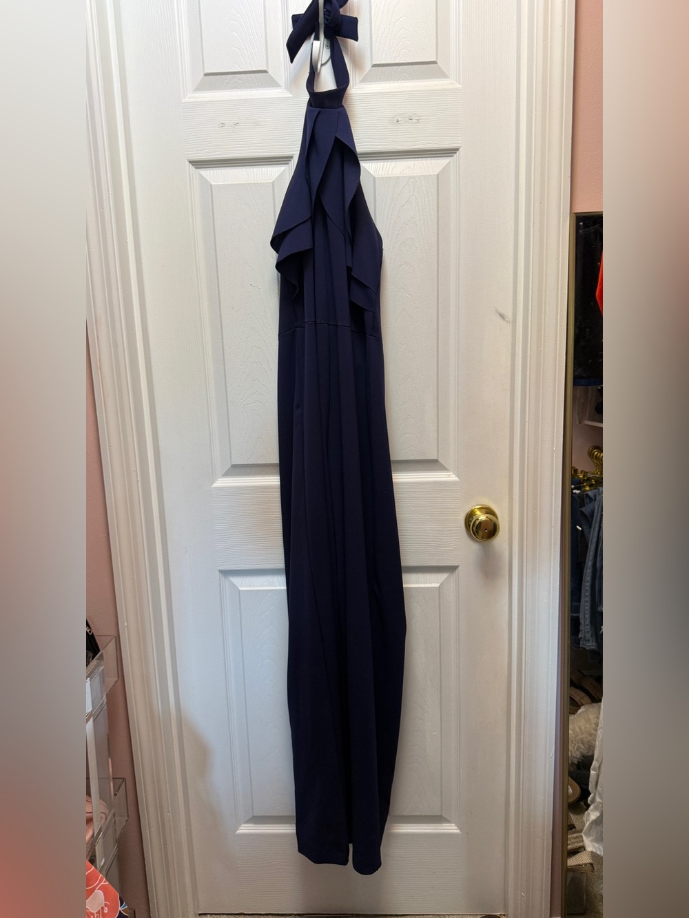 bebe Navy Blue Halter Romper with Ruffle Neck